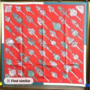 Hermes Red Scarf with Teal and White Lantern Motif